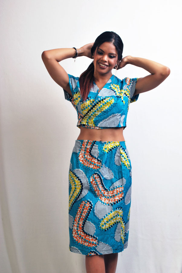 2 piece blue african print skirt and crop top set