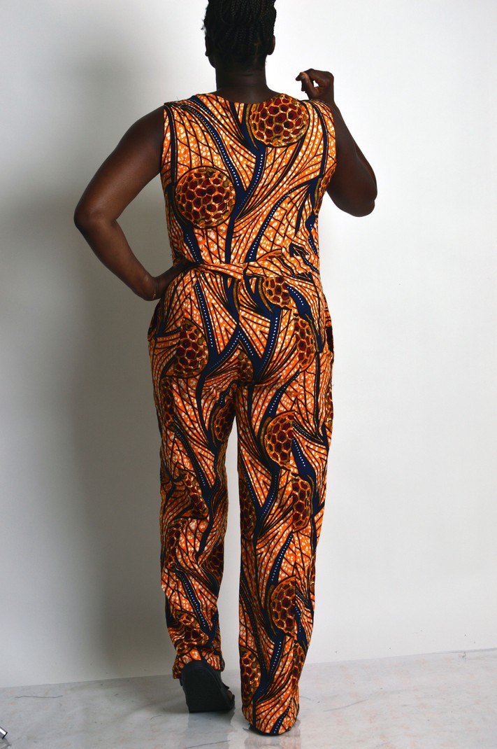 orange and black african print v neck sleeveless wide leg jumpsuit