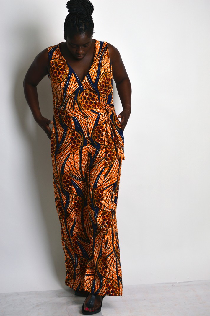 orange and black african print v neck sleeveless wide leg jumpsuit