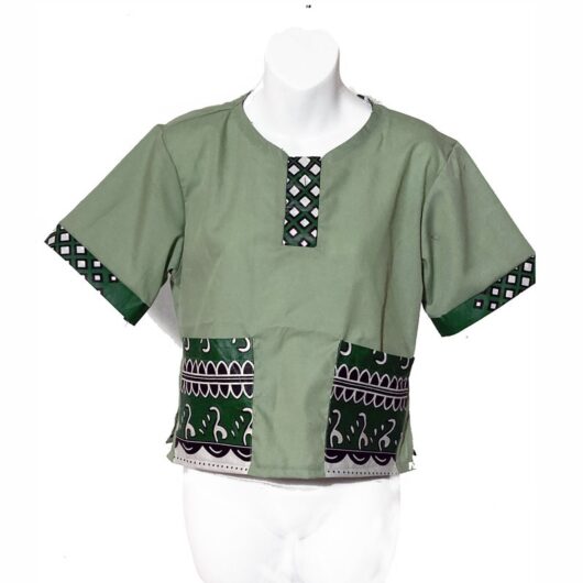 ankare mini dashiki crop top green with ankara patch pockets and trims on sleeves