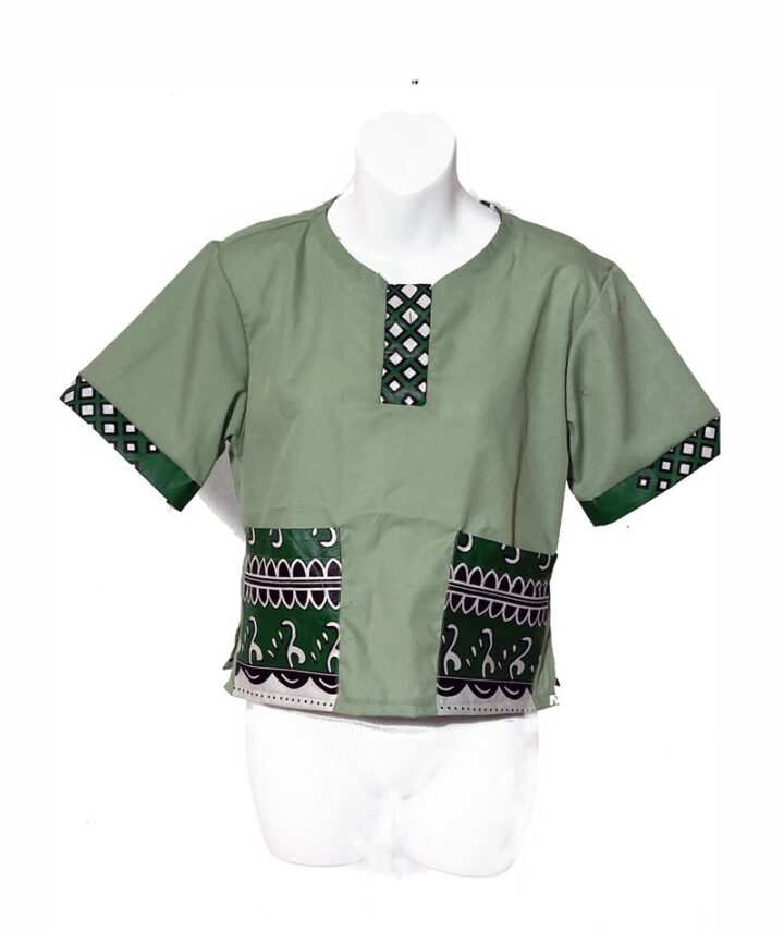 ankare mini dashiki crop top green with ankara patch pockets and trims on sleeves