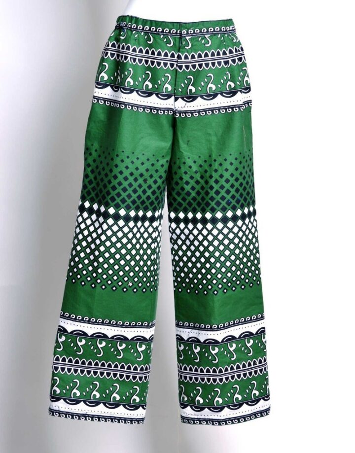 green striped african print pants with wide legs