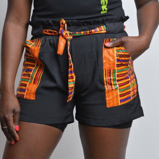 black shorts with african print patch pockets and belt