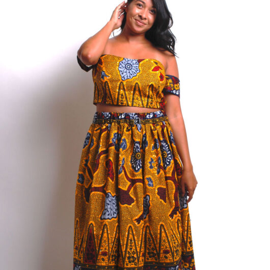 gold and black african print ruffle skirt and off shoulder crop top