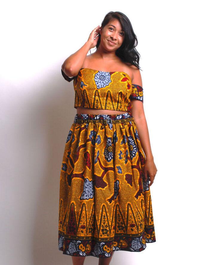 gold and black african print ruffle skirt and off shoulder crop top