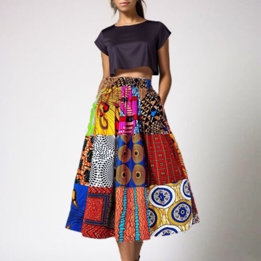 woman wearing patchwork midi ankara skirt