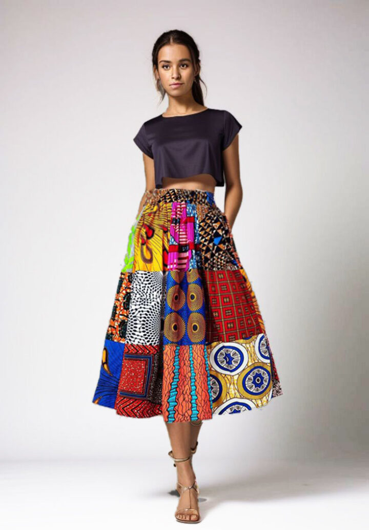 woman wearing patchwork midi ankara skirt