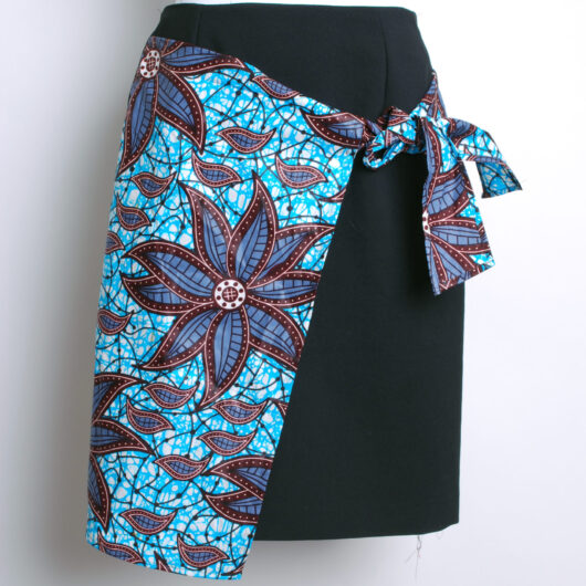 dark blue straight skirt with african print wrap and tie