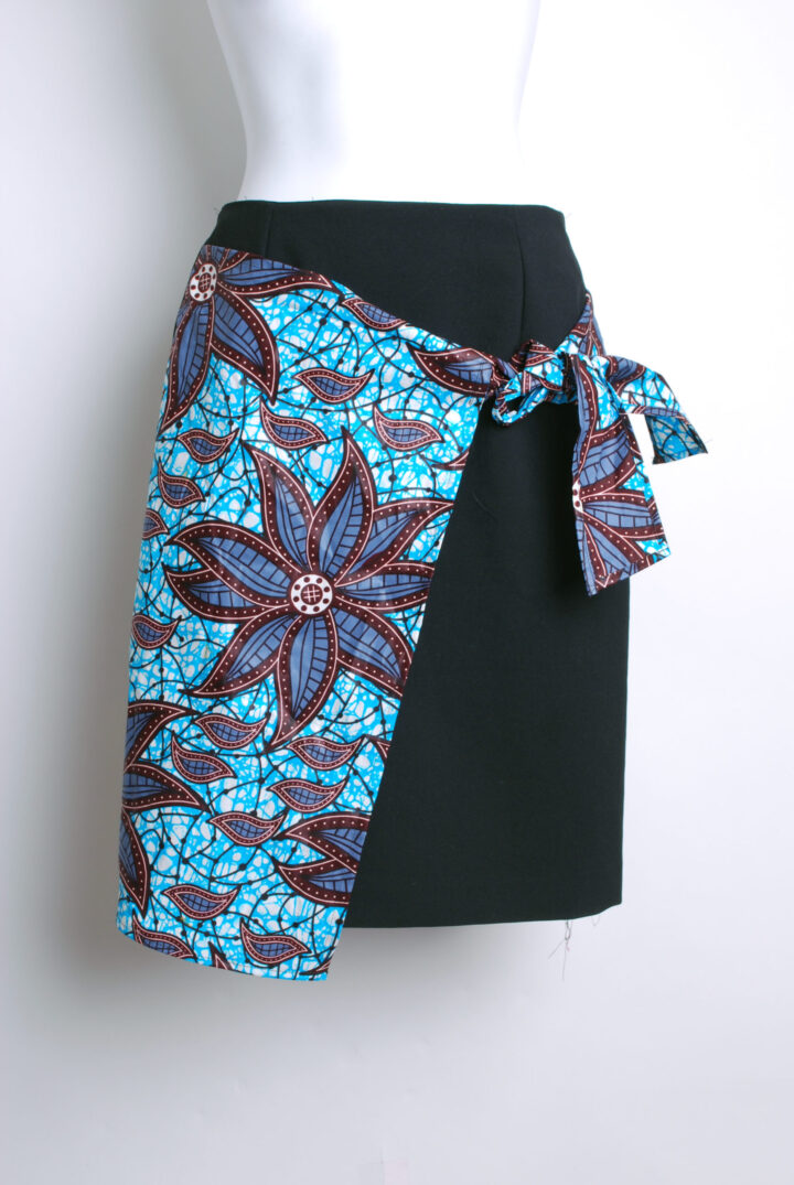 dark blue straight skirt with african print wrap and tie