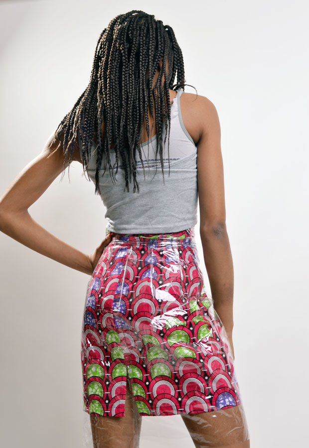 back view clear vinyl skirt overlay with african print pencil skirt