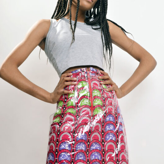 clear vinyl skirt overlay with african print pencil skirt