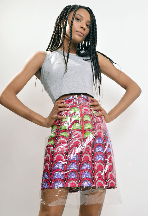 clear vinyl skirt overlay with african print pencil skirt