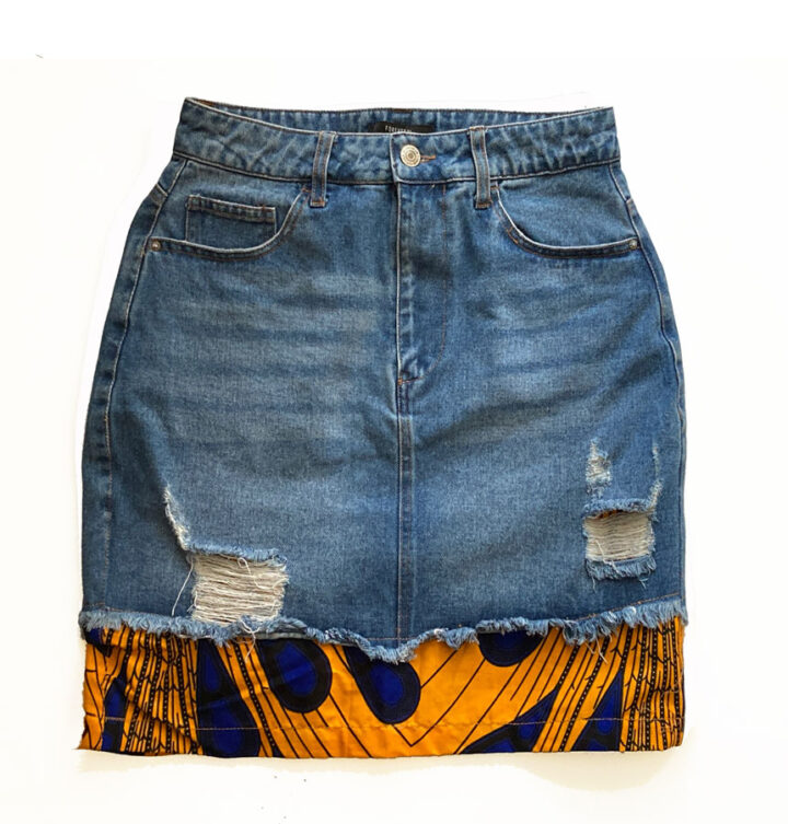 denim skirt with african patches and hem