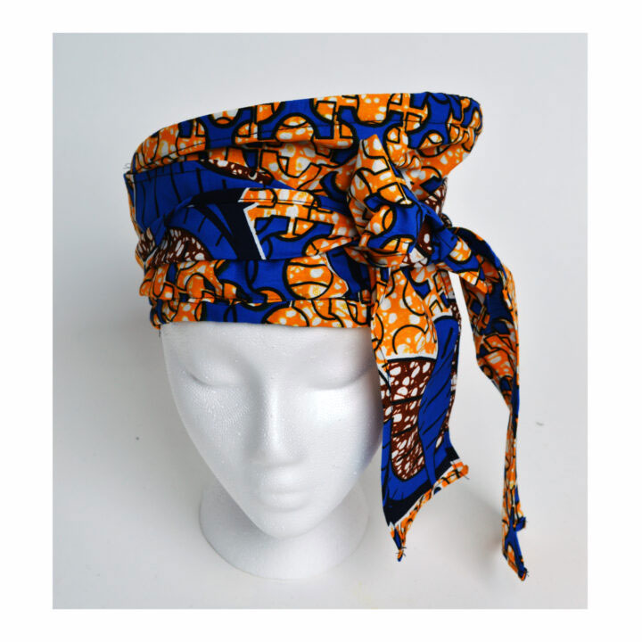 orange and blue african print self tie head wrap topless hat