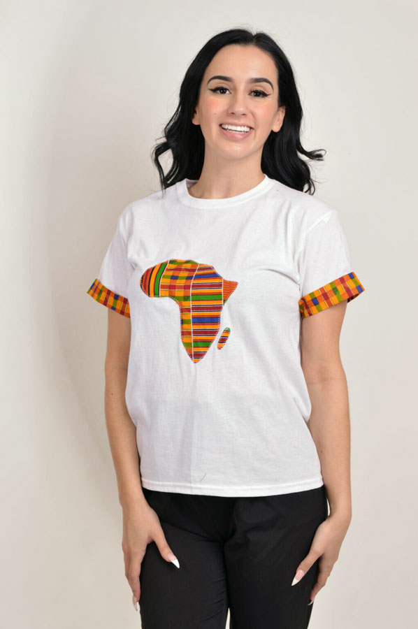 women's tshirt with kente africa map and kente trims on the sleeves