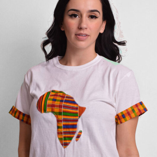 white t-shirt with kente map of africa on the front