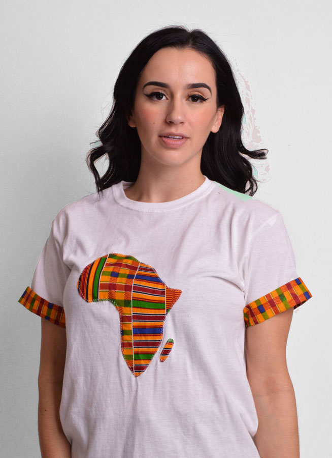 white t-shirt with kente map of africa on the front