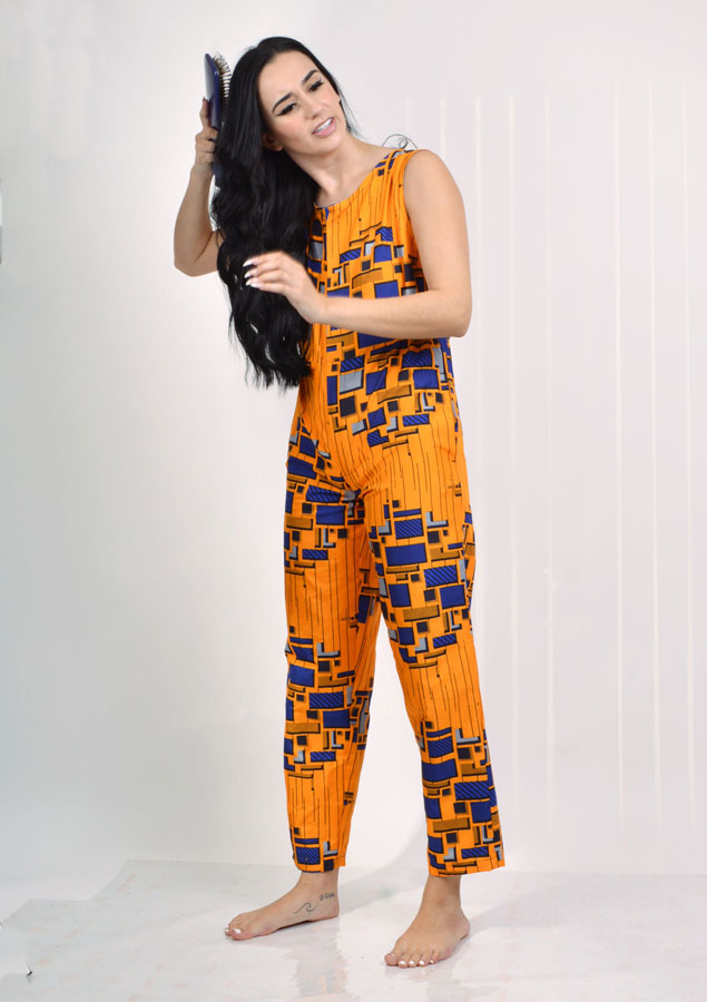 orange african print sleeveless jumpsuit