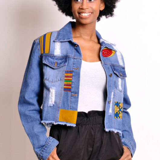 cropped jeans jacket with african print patches