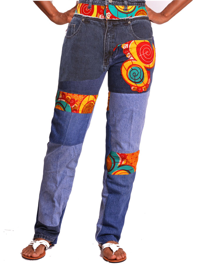 high waist african jeans with ankara patches