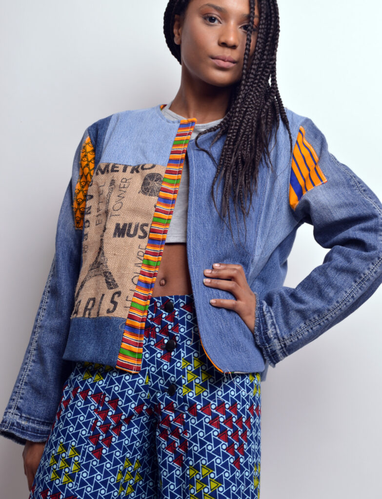 burlap and denim jeans jacket with african print trims - ragsnprints ...