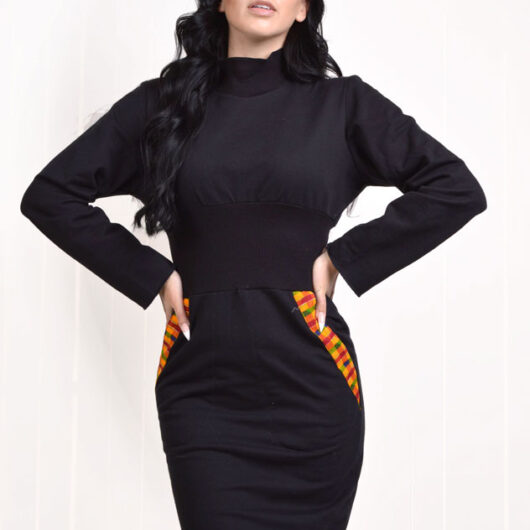 black sweater dress with kente trims on pockets