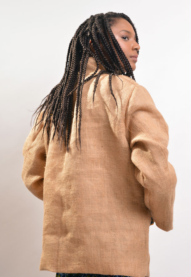oversize women's burlap jacket with ankara leapel and trims back view