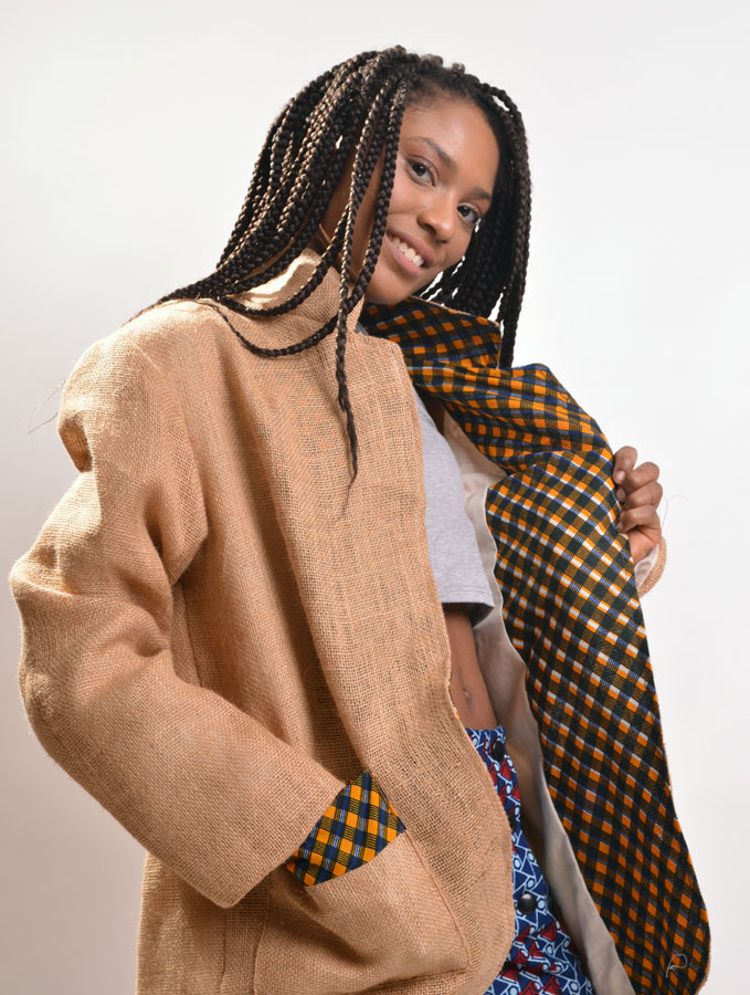 side view of oversize women's burlap jacket with ankara leapel and trims
