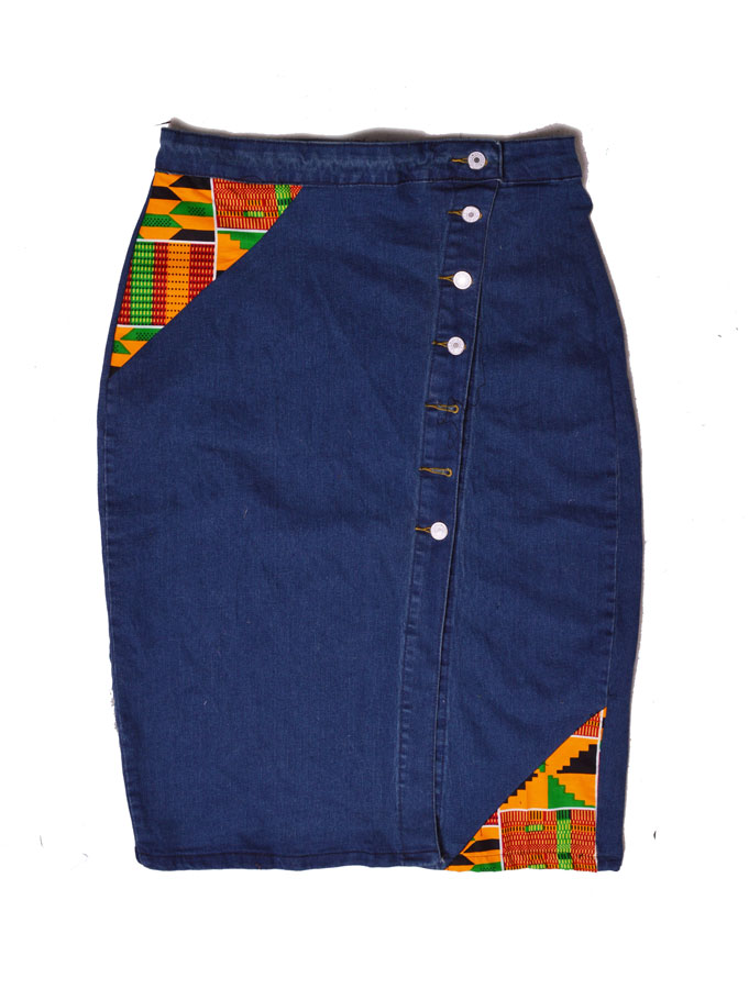 button down asymmetric jeans skirt with kente patches