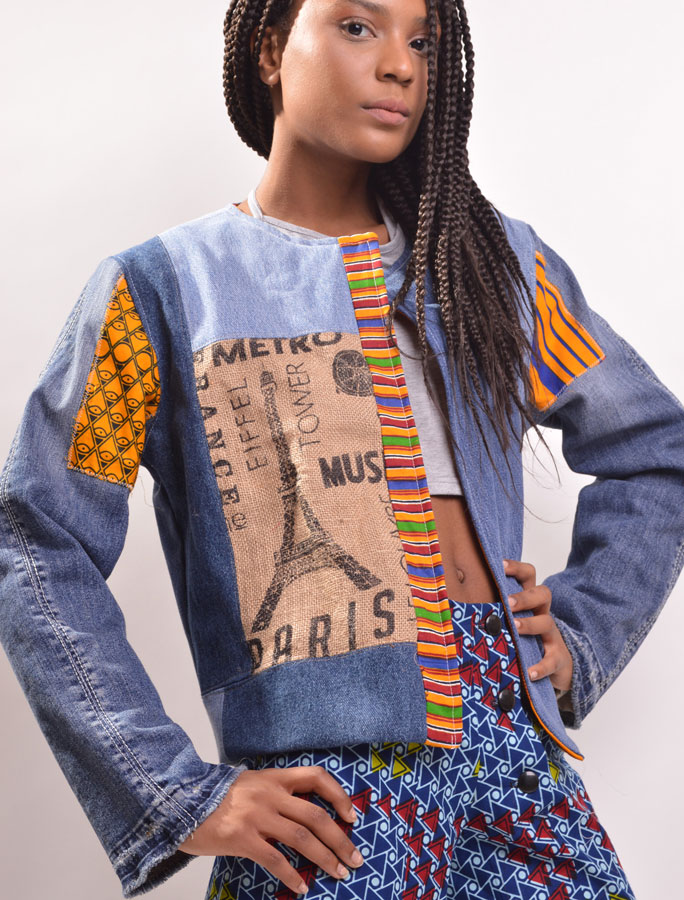 jeans jacket with african print and burlap patches