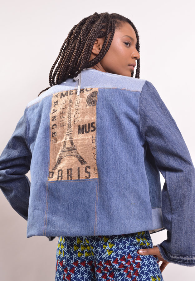 denim jacket with african print and burlap patches back view