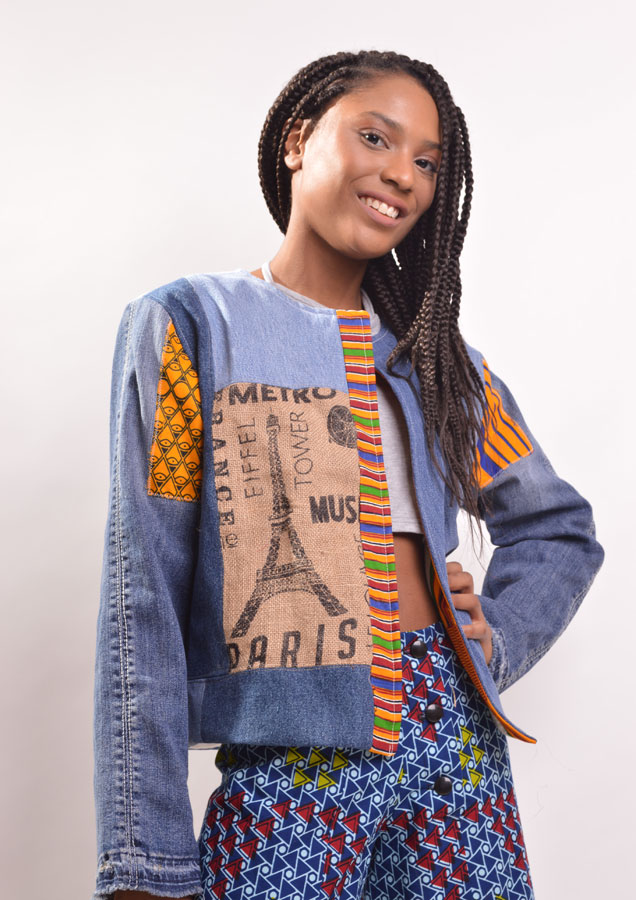 jeans jacket with burlap and ankara patches