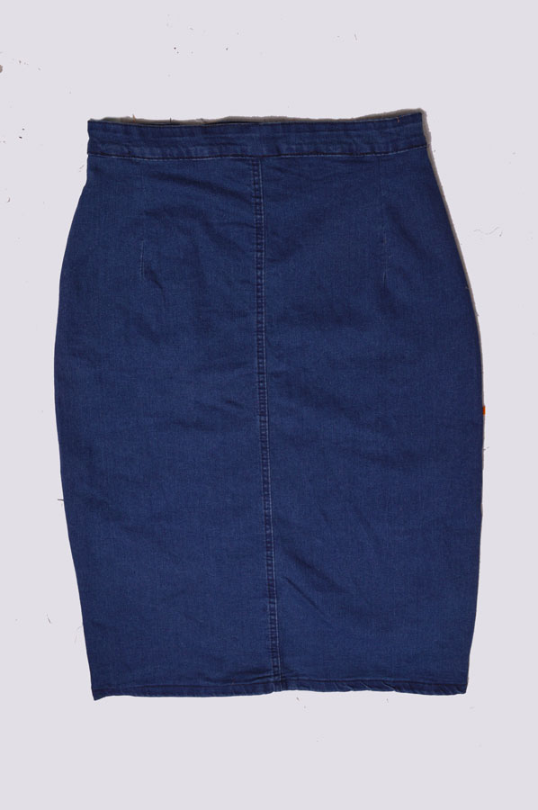 back view of button down asymmetric midi jeans skirt