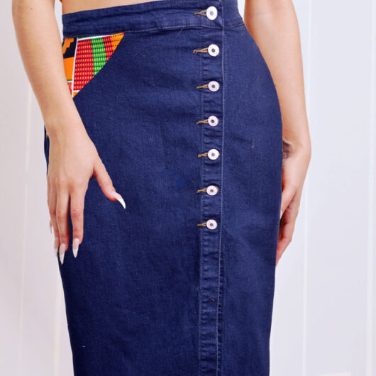 button down asymmetric ankara jeans skirt with patches
