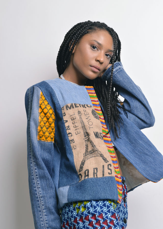 jeans jacket with ankara and burlap patches