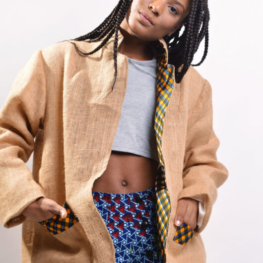 oversized burlap jacket with african print lapel
