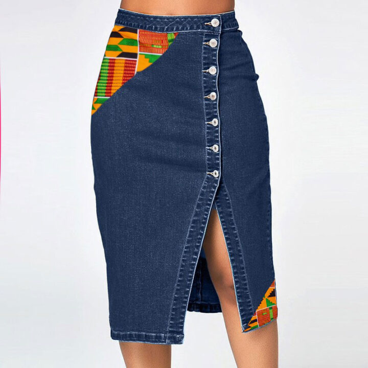 button down asymmetric ankara jeans skirt with kente patches