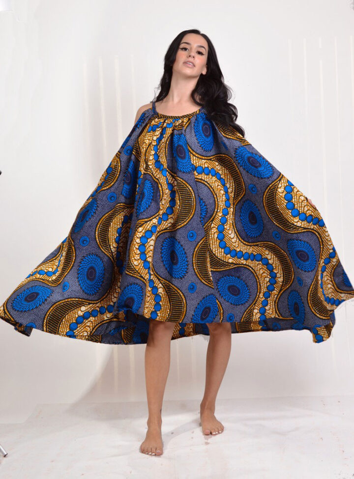 blue and tan african print midii flare dress with adjustable straps