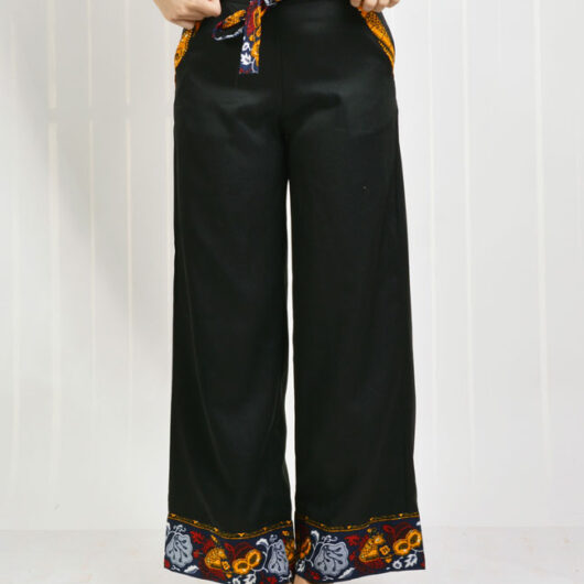 belted black pants with african print trims and hem