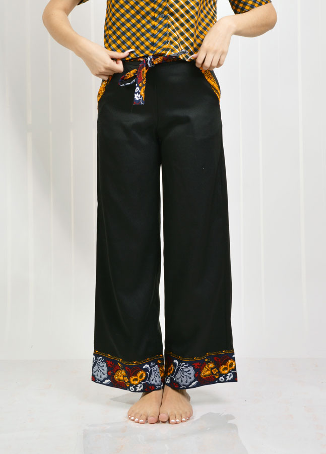 belted black pants with african print trims and hem