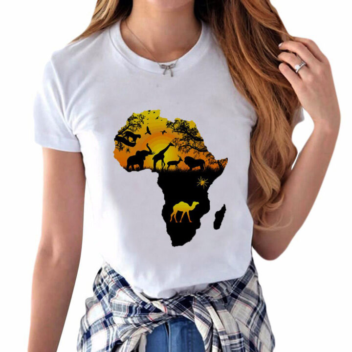 white t-shirt with africa map printed on front