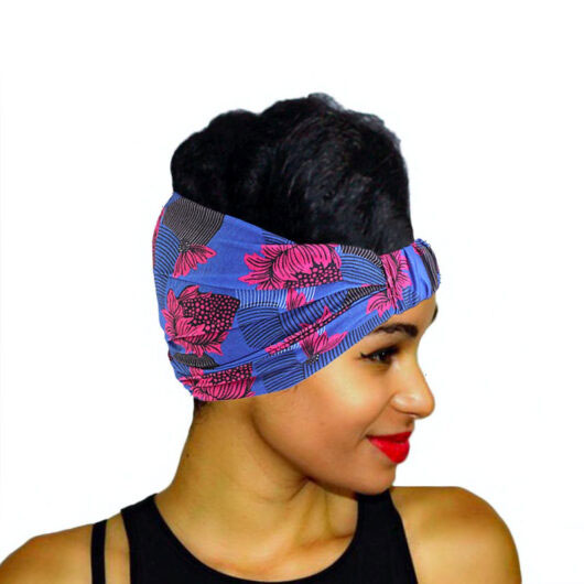 model wearing blue and red stretch ankara headband with elastic