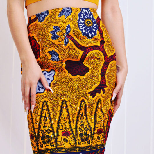 gold african print midi skirt