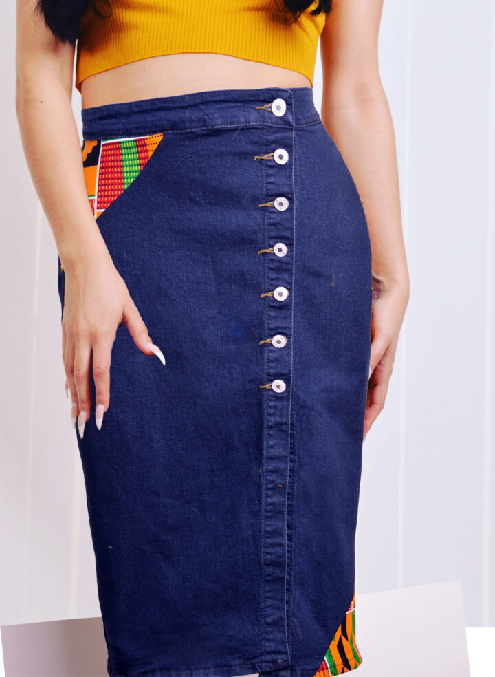ankara style button-down jeans skirt with kente patches - ragsnprints ...