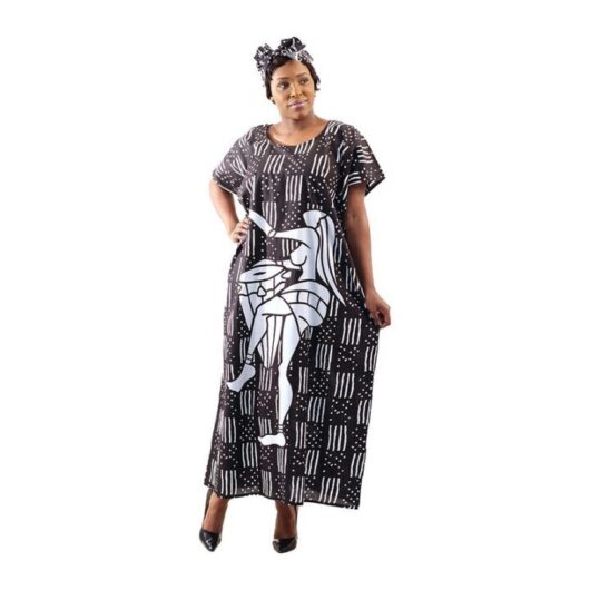 african print mudcloth pattern long dashiki dress with african art on front