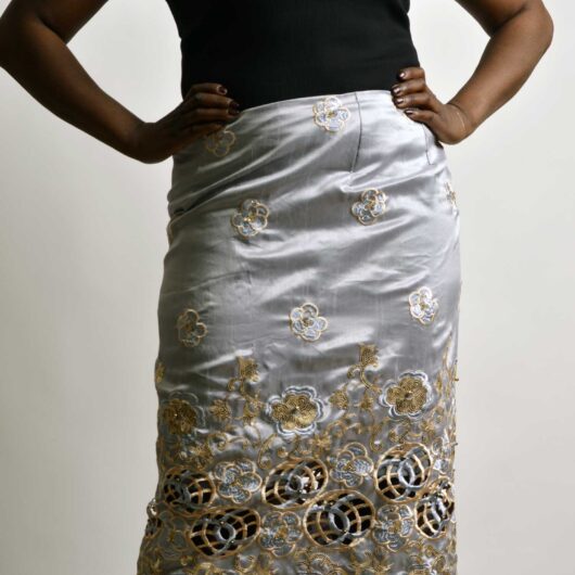 silver satin embroidery over the knees skirt