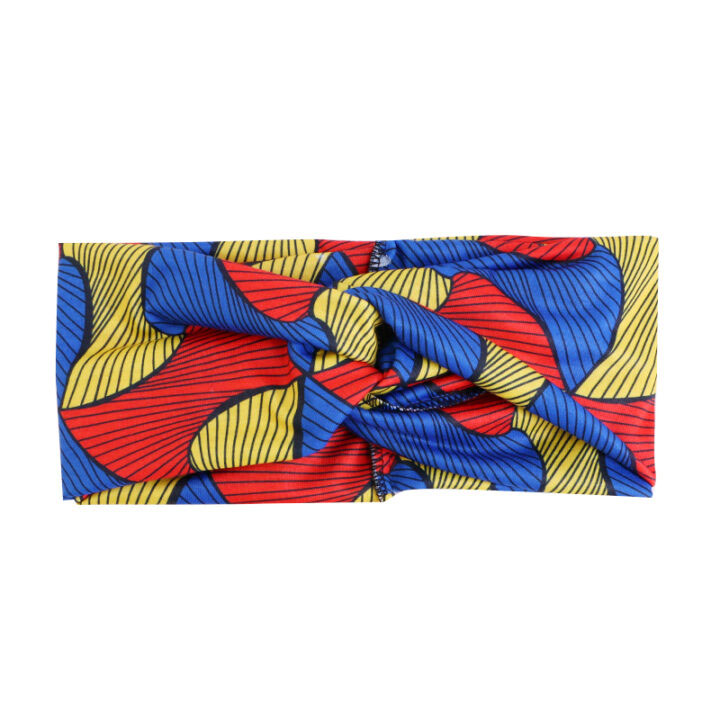 front view of blue red and yellow stretch african print headband