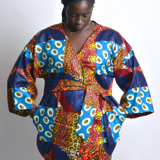 faux patchwork ankara kimono jacket with wide sleeves and side pockets and belt