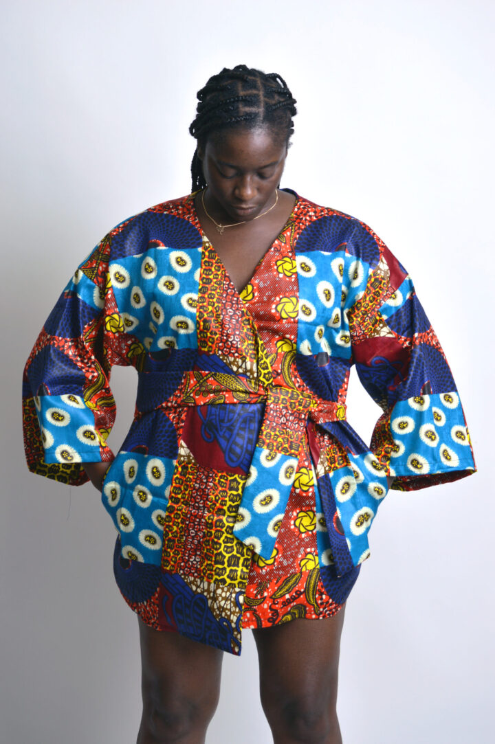 faux patchwork ankara kimono jacket with wide sleeves and side pockets and belt