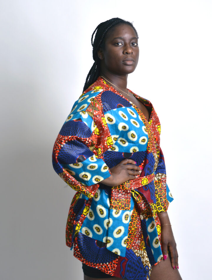 faux patchwork ankara kimono jacket with wide sleeves and side pockets and belt side